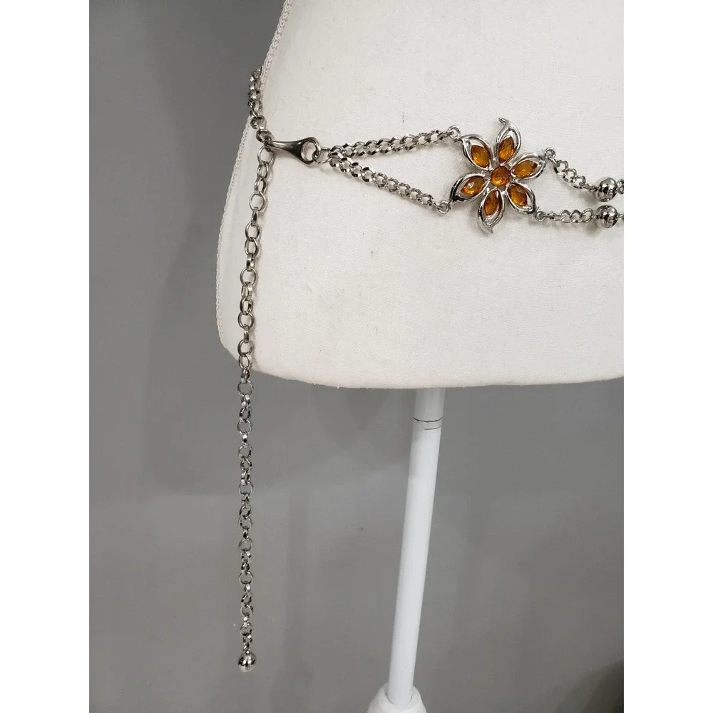 Vintage Y2K FLOWER LOTUS ORANGE RHINESTONE SILVER CHAIN BELT 90s 2000s